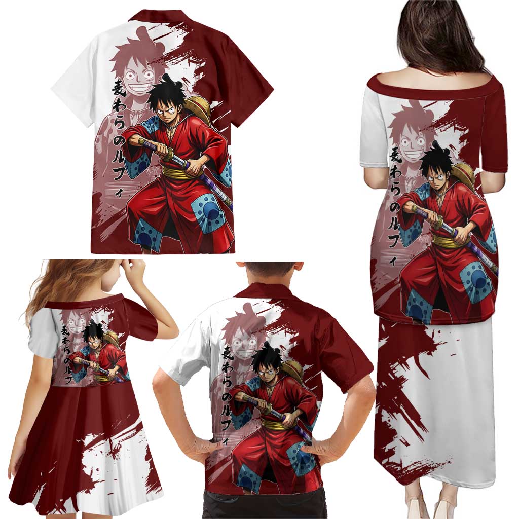 Wano Samurai Luffy Family Matching Puletasi and Hawaiian Shirt One Piece Warrior Straw Hat