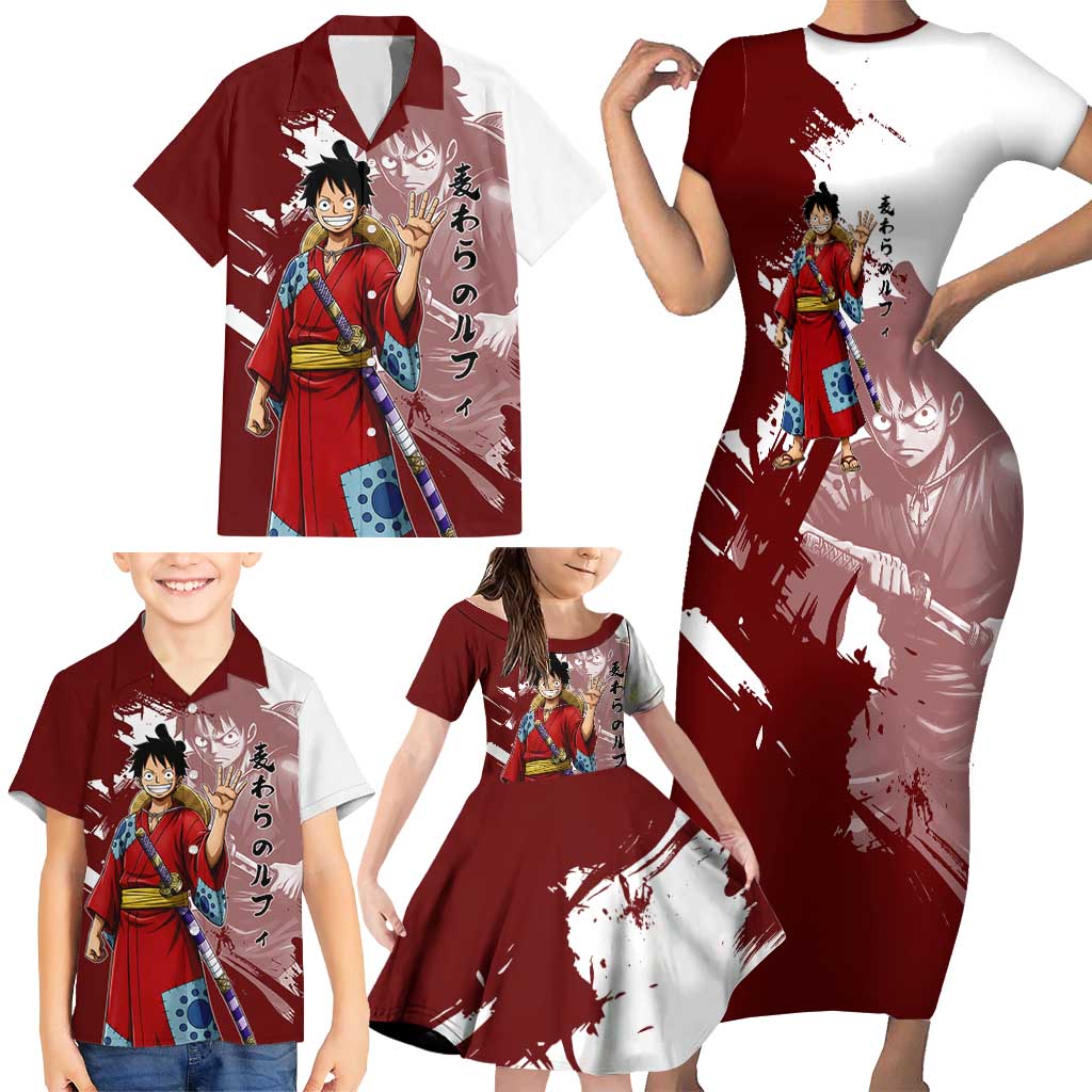 Wano Samurai Luffy Family Matching Short Sleeve Bodycon Dress and Hawaiian Shirt One Piece Warrior Straw Hat