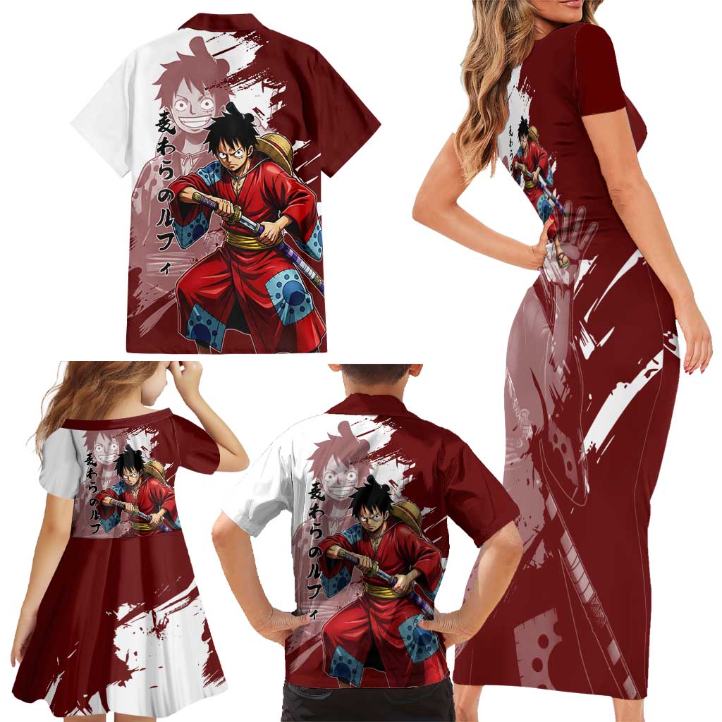 Wano Samurai Luffy Family Matching Short Sleeve Bodycon Dress and Hawaiian Shirt One Piece Warrior Straw Hat