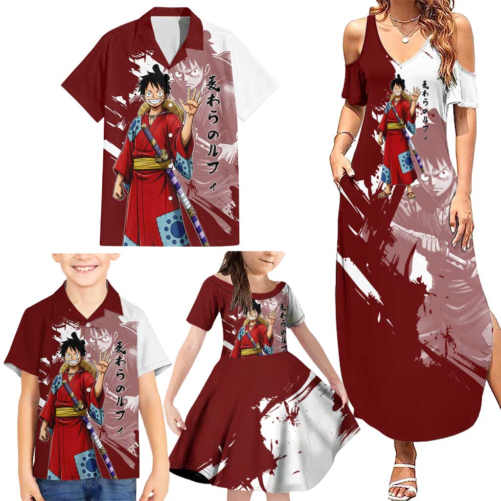 Wano Samurai Luffy Family Matching Summer Maxi Dress and Hawaiian Shirt One Piece Warrior Straw Hat