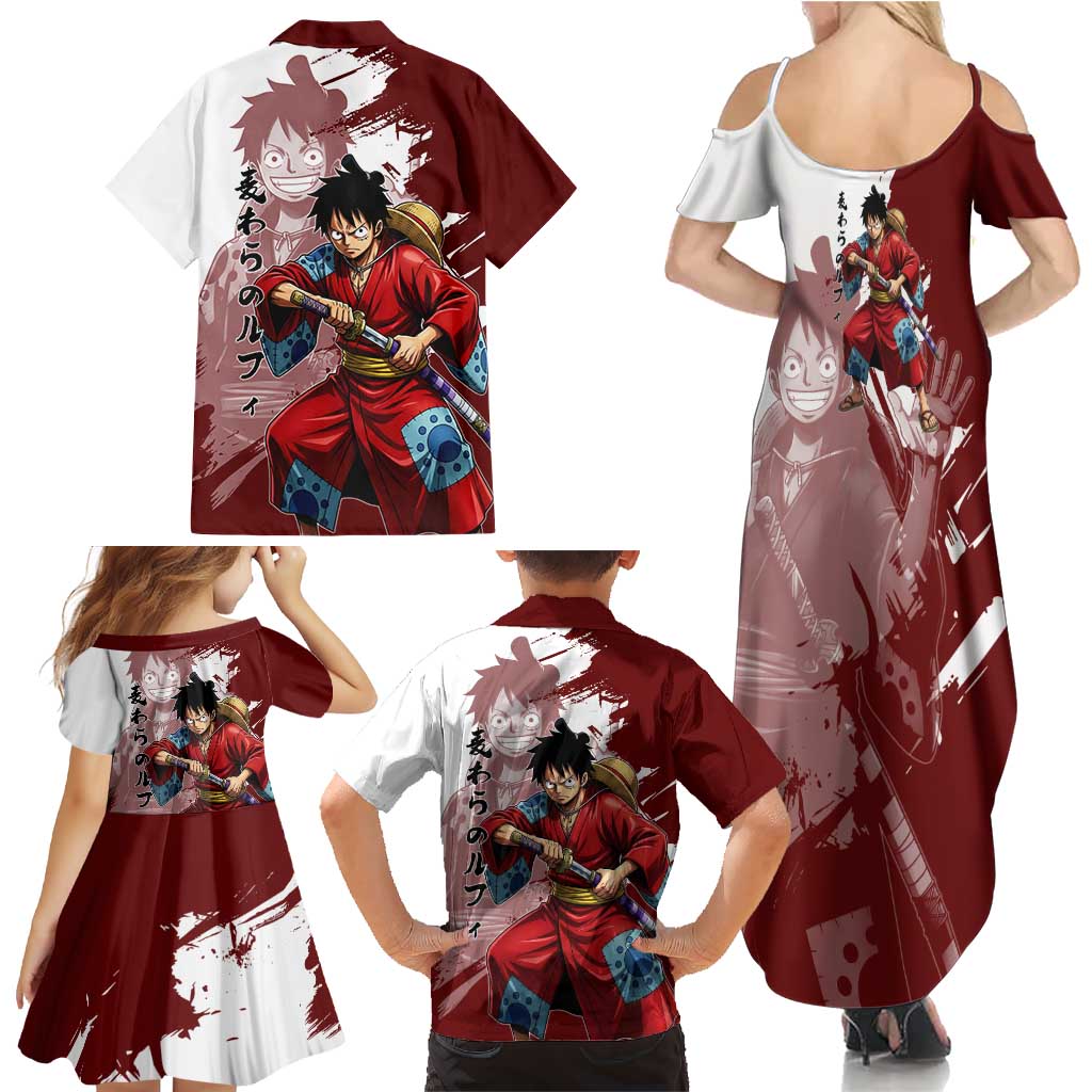 Wano Samurai Luffy Family Matching Summer Maxi Dress and Hawaiian Shirt One Piece Warrior Straw Hat