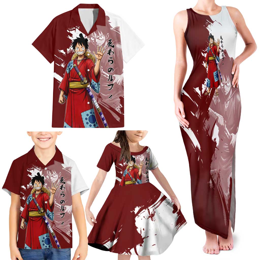 Wano Samurai Luffy Family Matching Tank Maxi Dress and Hawaiian Shirt One Piece Warrior Straw Hat
