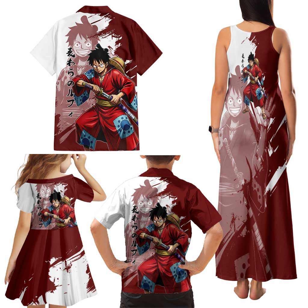 Wano Samurai Luffy Family Matching Tank Maxi Dress and Hawaiian Shirt One Piece Warrior Straw Hat