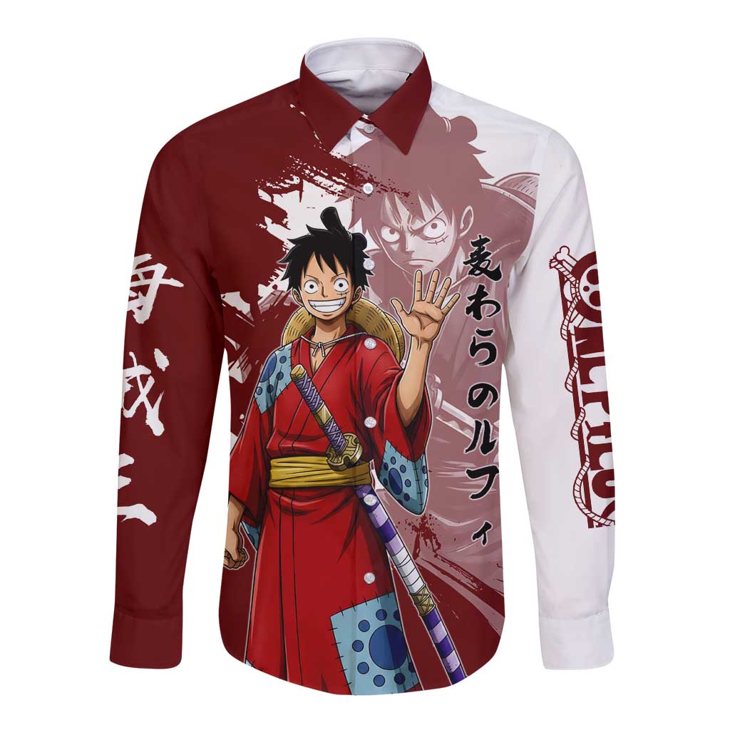Wano Samurai Luffy Long Sleeve Button Shirt One Piece Warrior Straw Hat