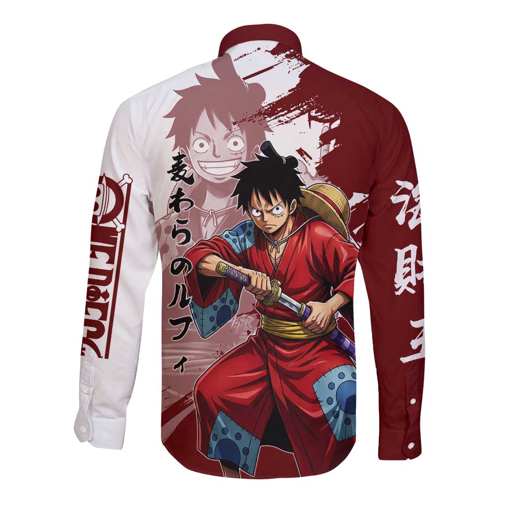 Wano Samurai Luffy Long Sleeve Button Shirt One Piece Warrior Straw Hat