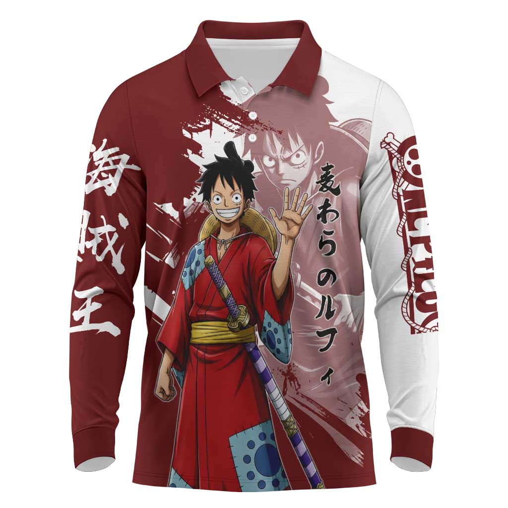 Wano Samurai Luffy Long Sleeve Polo Shirt One Piece Warrior Straw Hat