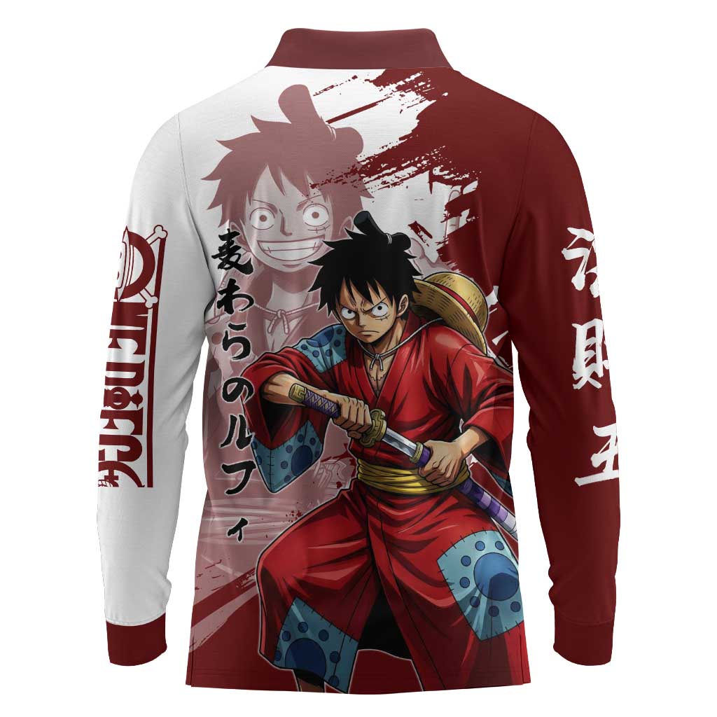 Wano Samurai Luffy Long Sleeve Polo Shirt One Piece Warrior Straw Hat