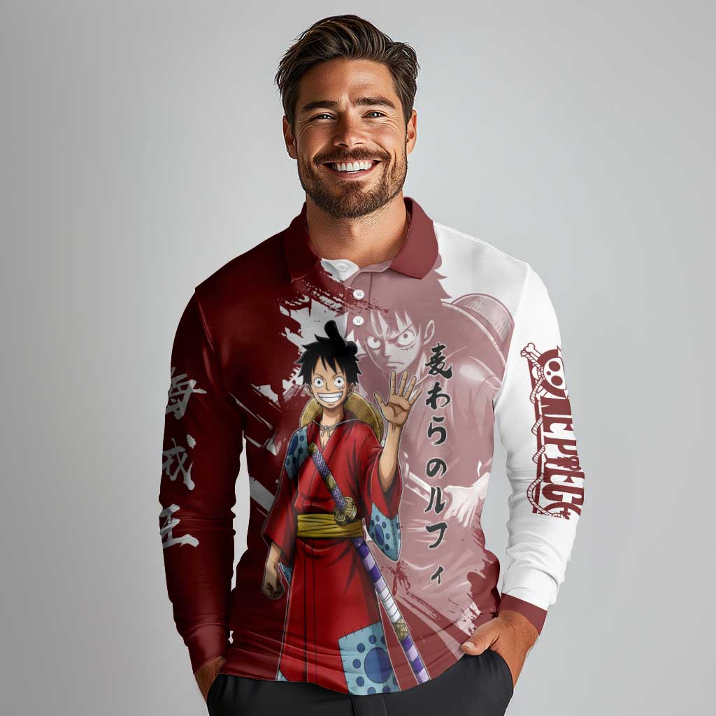 Wano Samurai Luffy Long Sleeve Polo Shirt One Piece Warrior Straw Hat