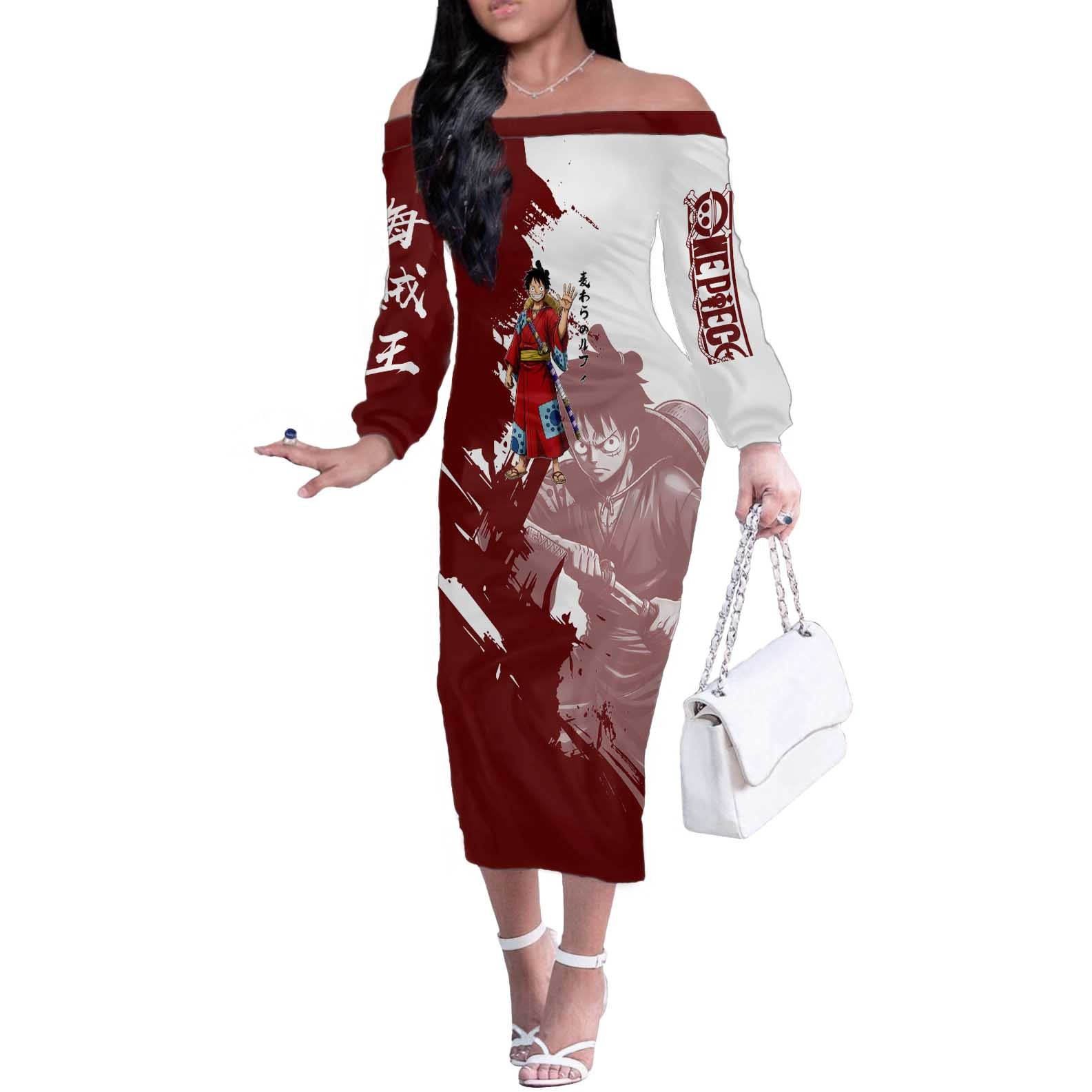 Wano Samurai Luffy Off The Shoulder Long Sleeve Dress One Piece Warrior Straw Hat