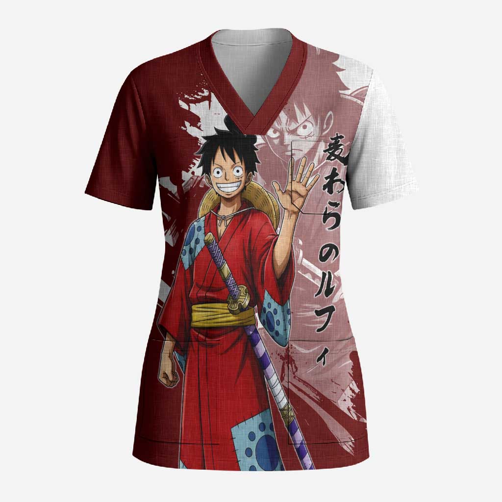 Wano Samurai Luffy Scrub Top One Piece Warrior Straw Hat