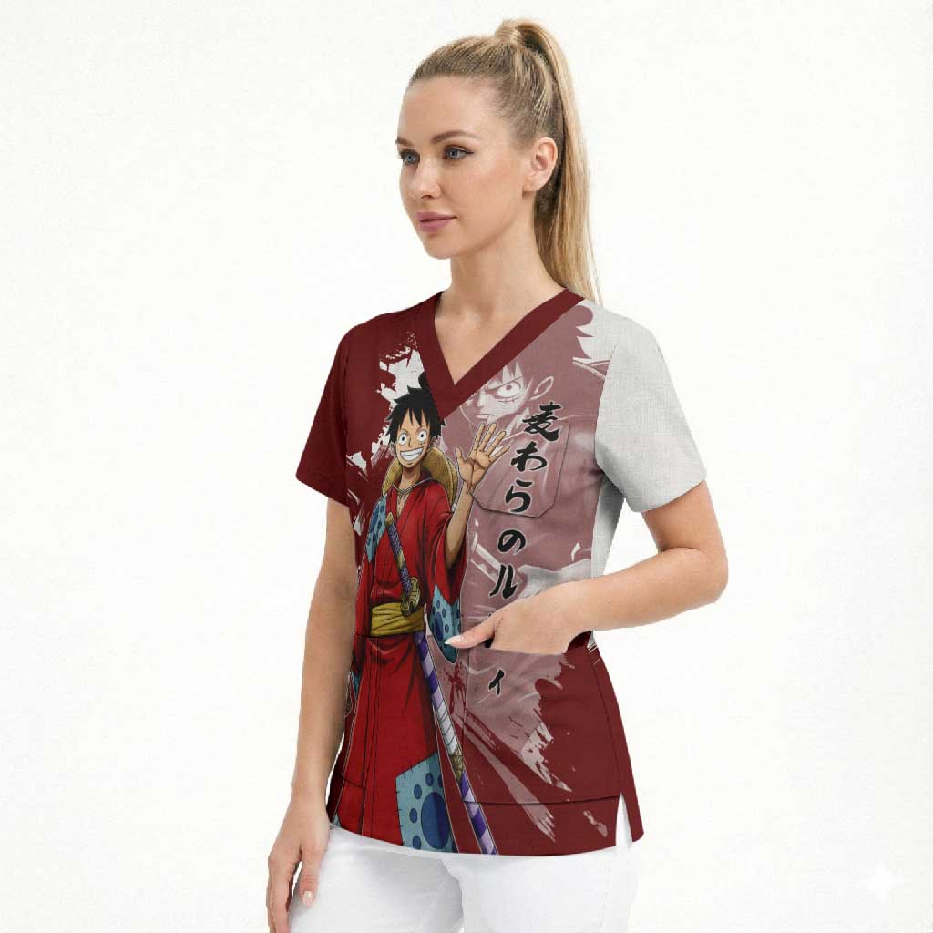 Wano Samurai Luffy Scrub Top One Piece Warrior Straw Hat