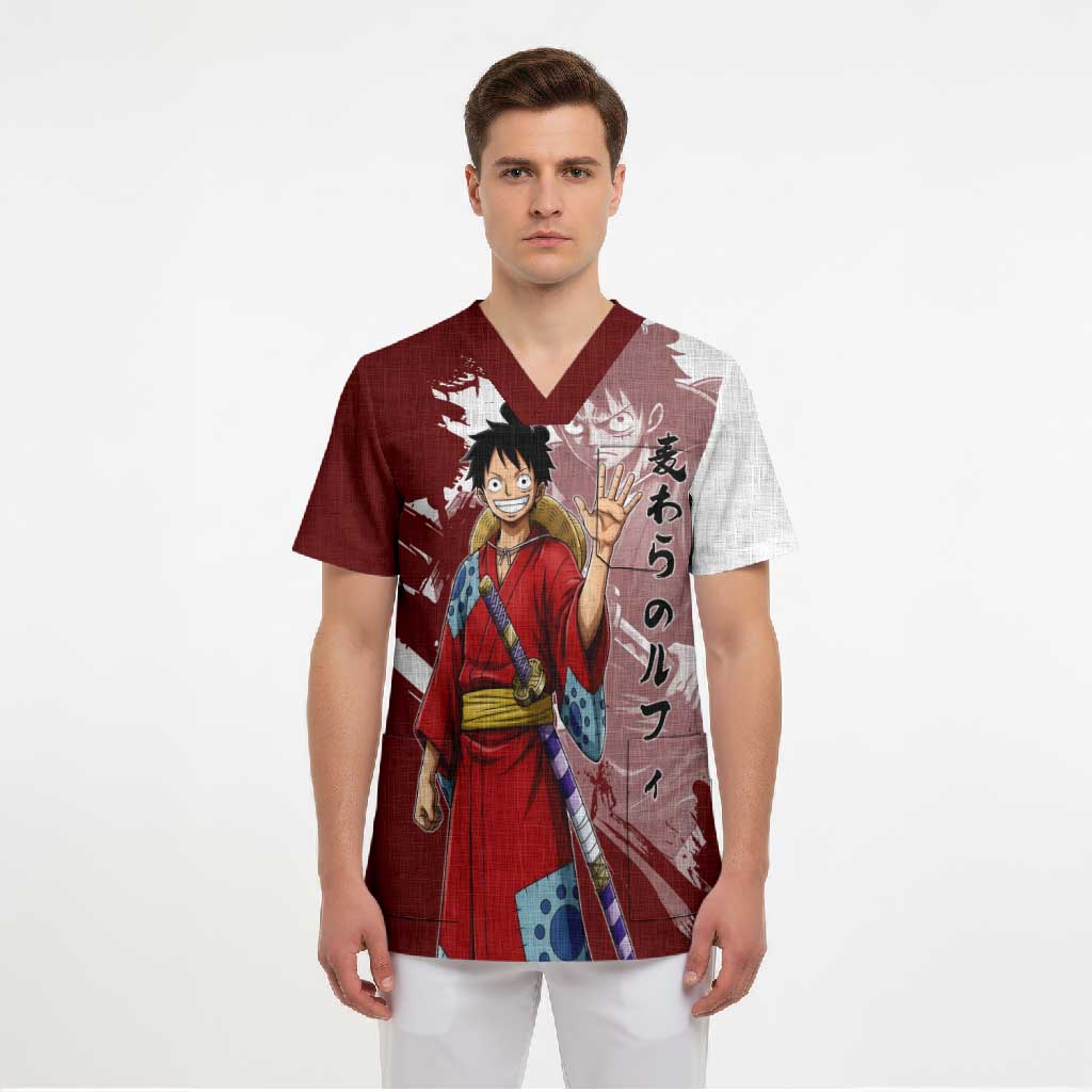 Wano Samurai Luffy Scrub Top One Piece Warrior Straw Hat