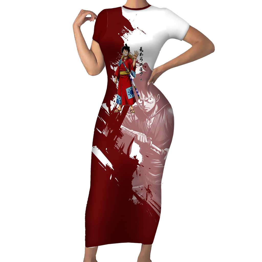 Wano Samurai Luffy Short Sleeve Bodycon Dress One Piece Warrior Straw Hat