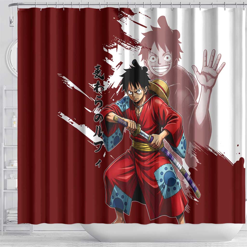 Wano Samurai Luffy Shower Curtain One Piece Warrior Straw Hat