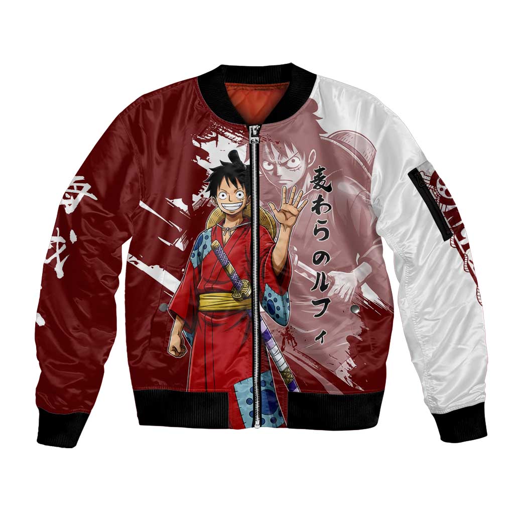 Wano Samurai Luffy Sleeve Zip Bomber Jacket One Piece Warrior Straw Hat