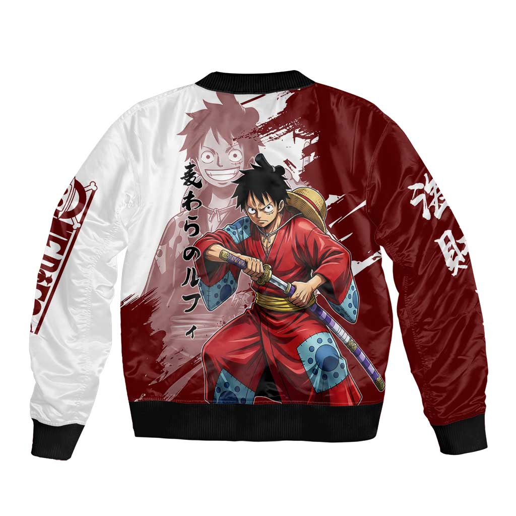 Wano Samurai Luffy Sleeve Zip Bomber Jacket One Piece Warrior Straw Hat