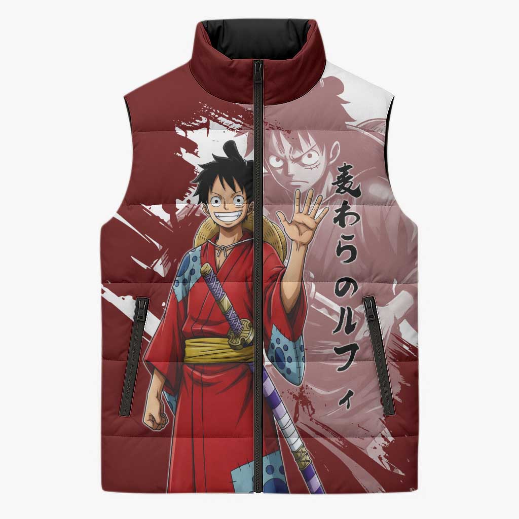 Wano Samurai Luffy Sleeveless Puffer Jacket One Piece Warrior Straw Hat