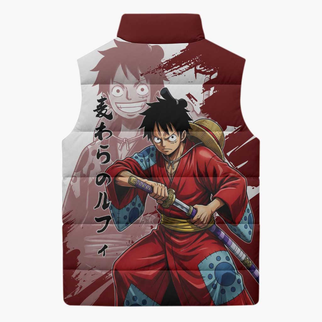 Wano Samurai Luffy Sleeveless Puffer Jacket One Piece Warrior Straw Hat