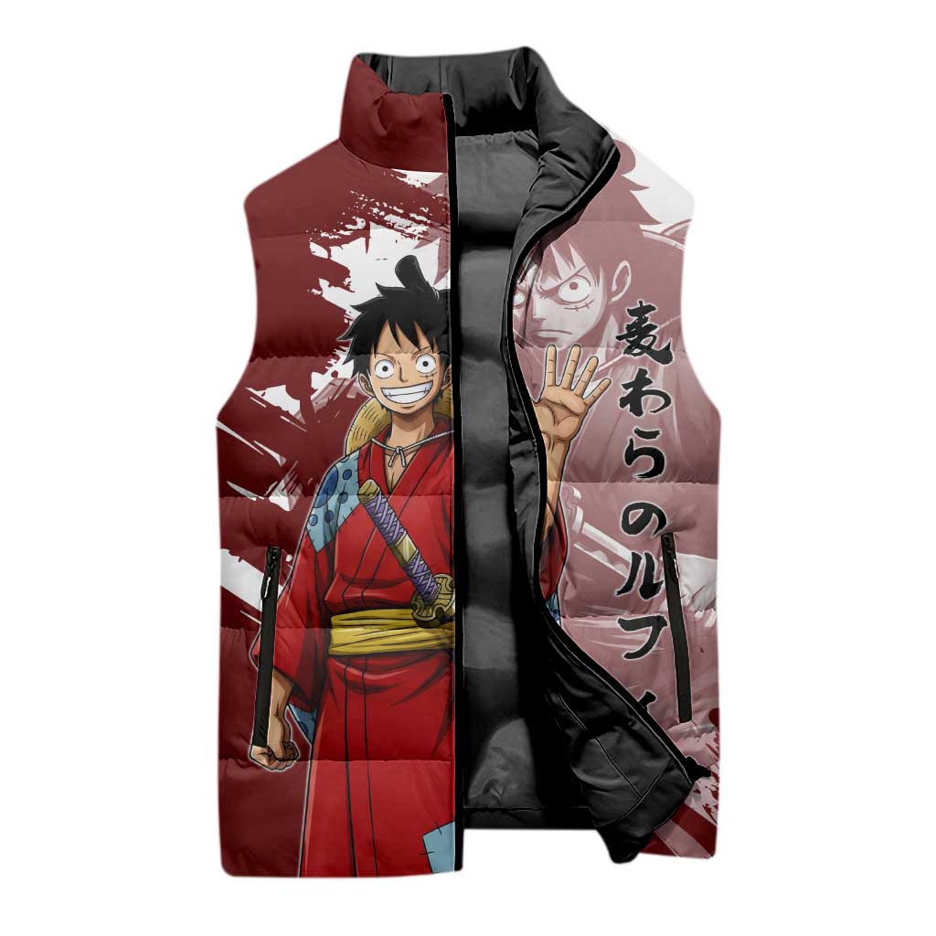 Wano Samurai Luffy Sleeveless Puffer Jacket One Piece Warrior Straw Hat