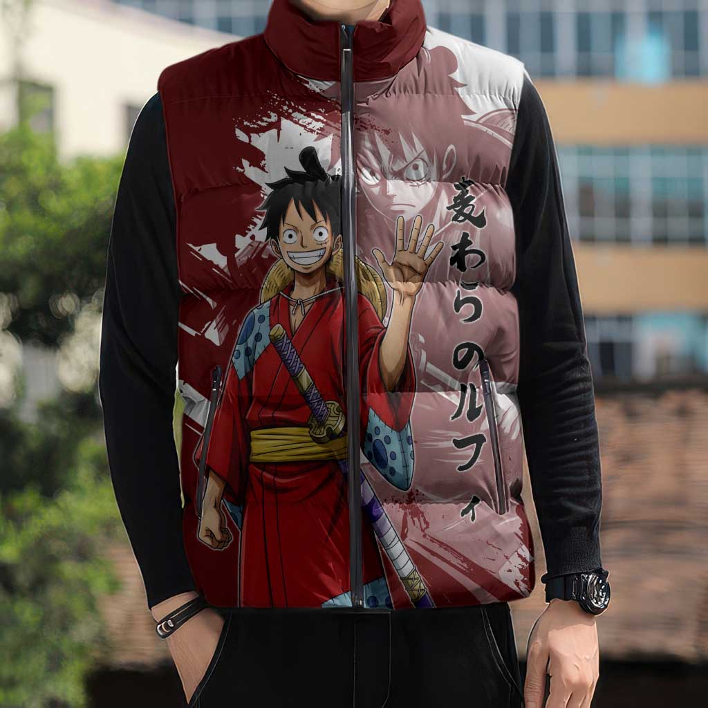 Wano Samurai Luffy Sleeveless Puffer Jacket One Piece Warrior Straw Hat