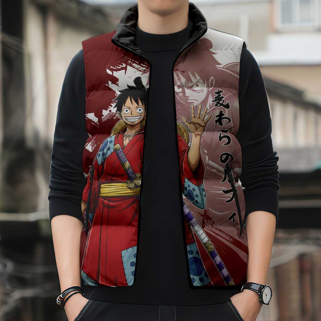 Wano Samurai Luffy Sleeveless Puffer Jacket One Piece Warrior Straw Hat