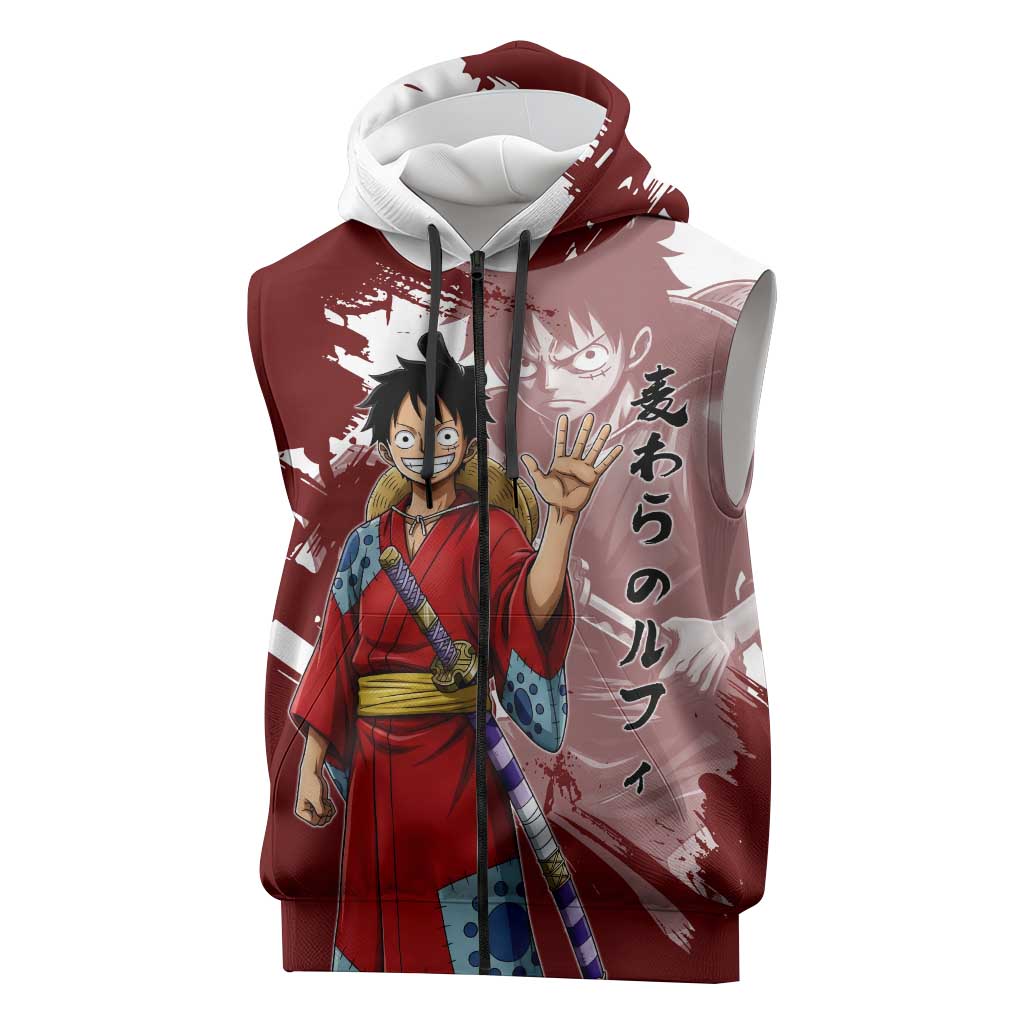 Wano Samurai Luffy Sleeveless Zip Hoodie One Piece Warrior Straw Hat