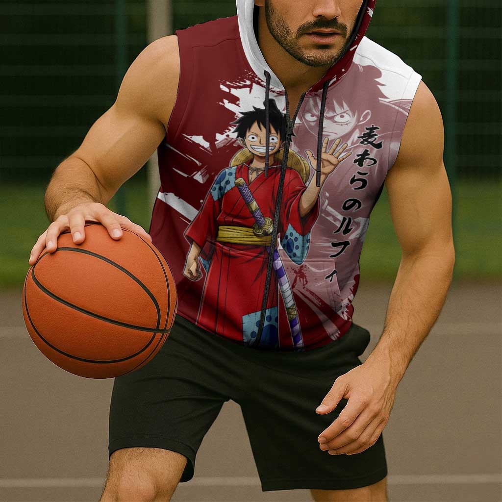 Wano Samurai Luffy Sleeveless Zip Hoodie One Piece Warrior Straw Hat