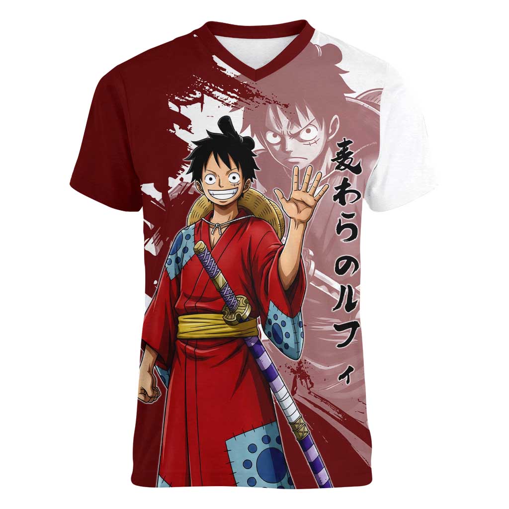 Wano Samurai Luffy Women V-Neck T-Shirt One Piece Warrior Straw Hat