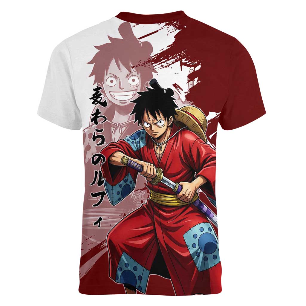 Wano Samurai Luffy Women V-Neck T-Shirt One Piece Warrior Straw Hat