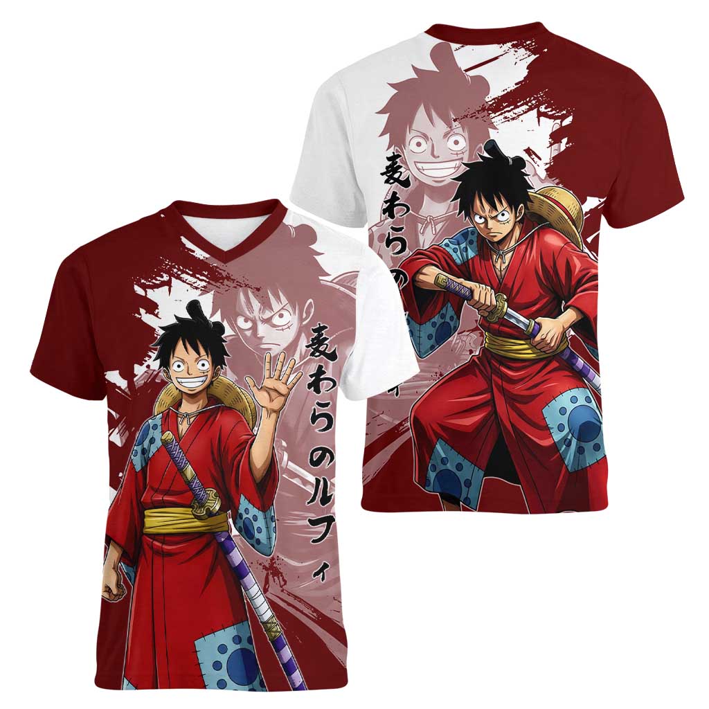 Wano Samurai Luffy Women V-Neck T-Shirt One Piece Warrior Straw Hat
