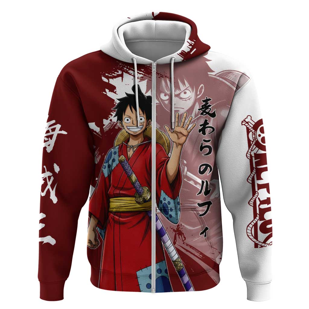 Wano Samurai Luffy Zip Hoodie One Piece Warrior Straw Hat