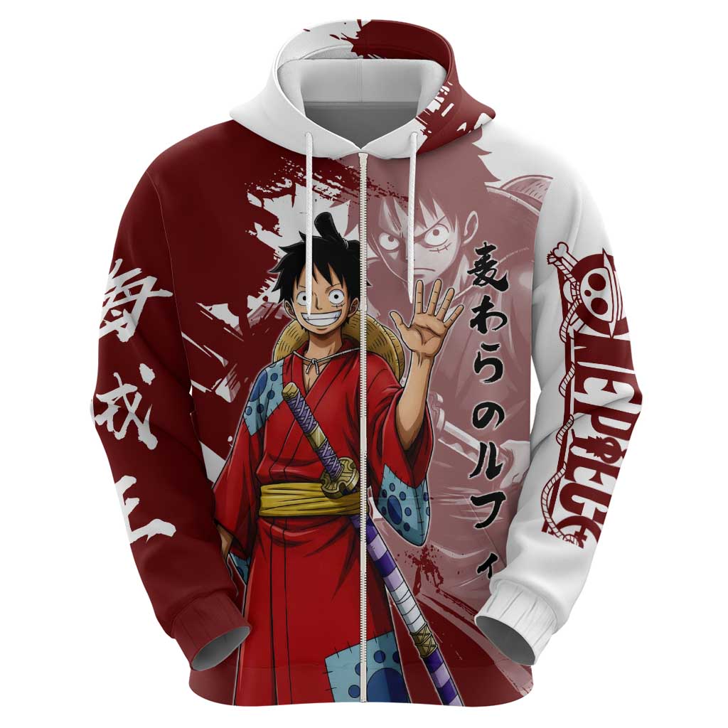 Wano Samurai Luffy Zip Hoodie One Piece Warrior Straw Hat
