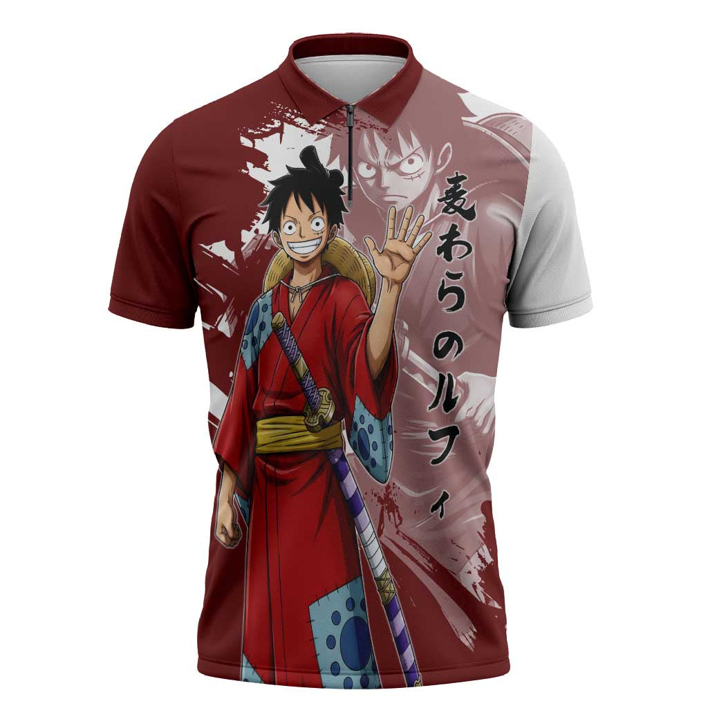 Wano Samurai Luffy Zipper Polo Shirt One Piece Warrior Straw Hat