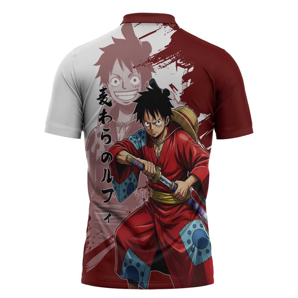 Wano Samurai Luffy Zipper Polo Shirt One Piece Warrior Straw Hat