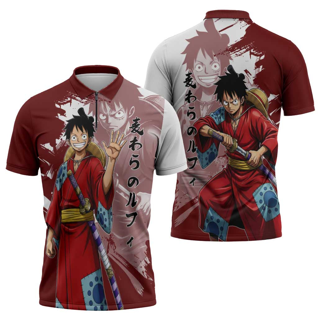 Wano Samurai Luffy Zipper Polo Shirt One Piece Warrior Straw Hat