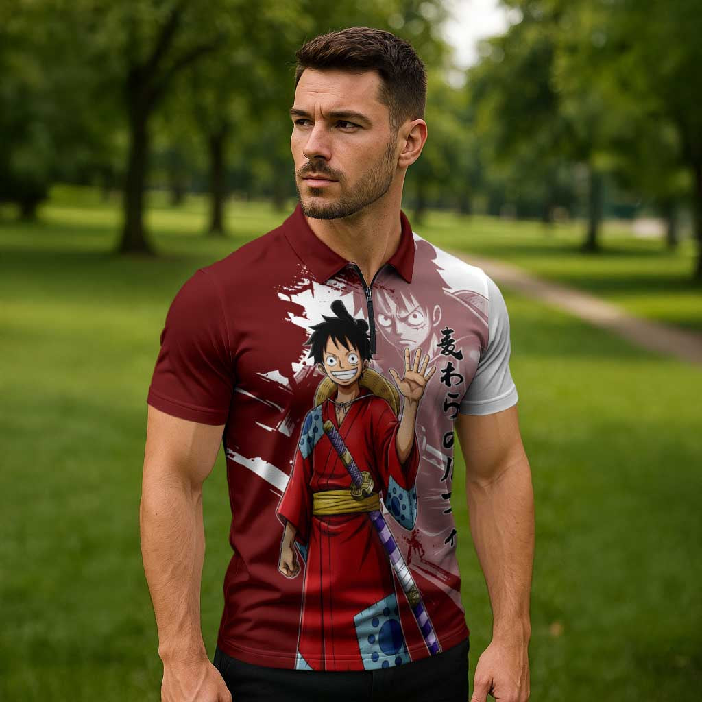 Wano Samurai Luffy Zipper Polo Shirt One Piece Warrior Straw Hat