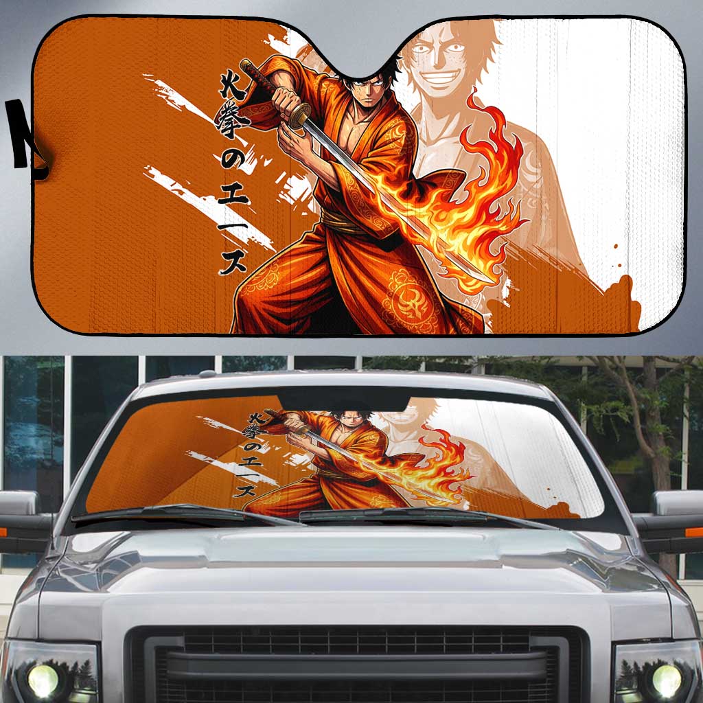 Wano Samurai Portgas D. Ace Auto Sun Shade Fiery One Piece Brush Art