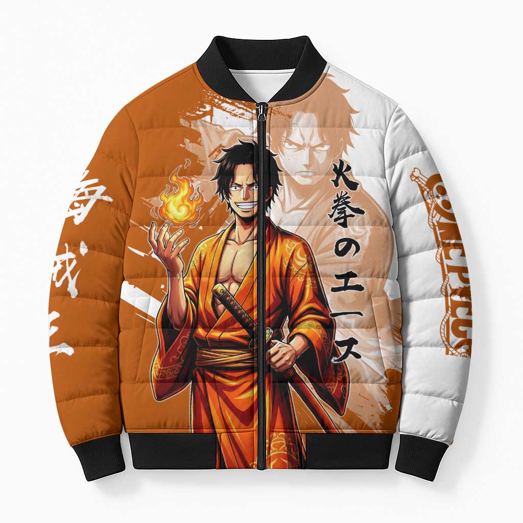 Wano Samurai Portgas D. Ace Bomber Puffer Jacket Fiery One Piece Brush Art