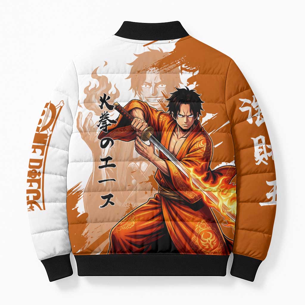 Wano Samurai Portgas D. Ace Bomber Puffer Jacket Fiery One Piece Brush Art