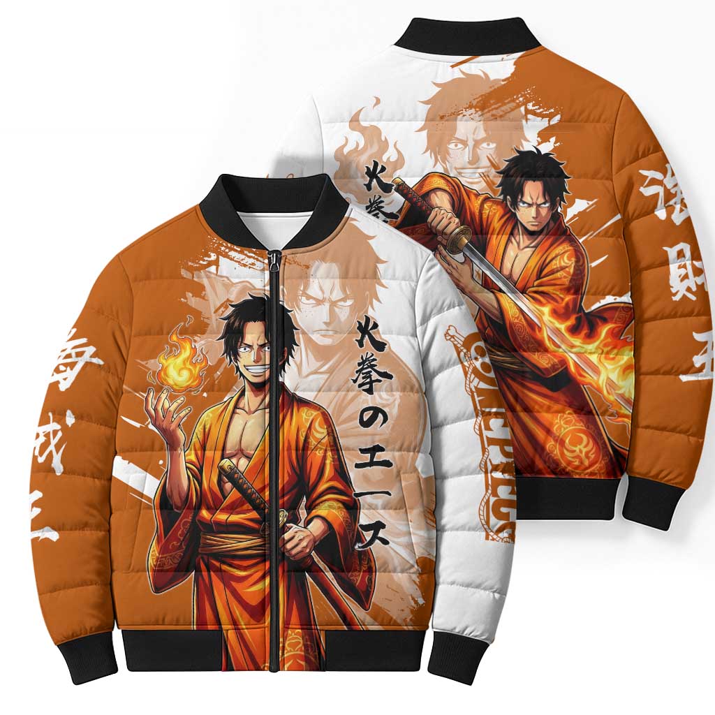 Wano Samurai Portgas D. Ace Bomber Puffer Jacket Fiery One Piece Brush Art
