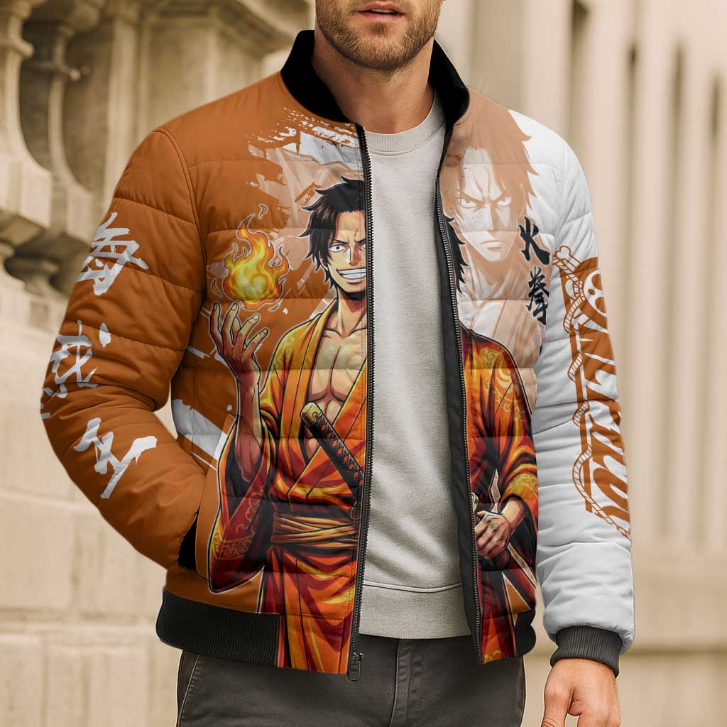 Wano Samurai Portgas D. Ace Bomber Puffer Jacket Fiery One Piece Brush Art