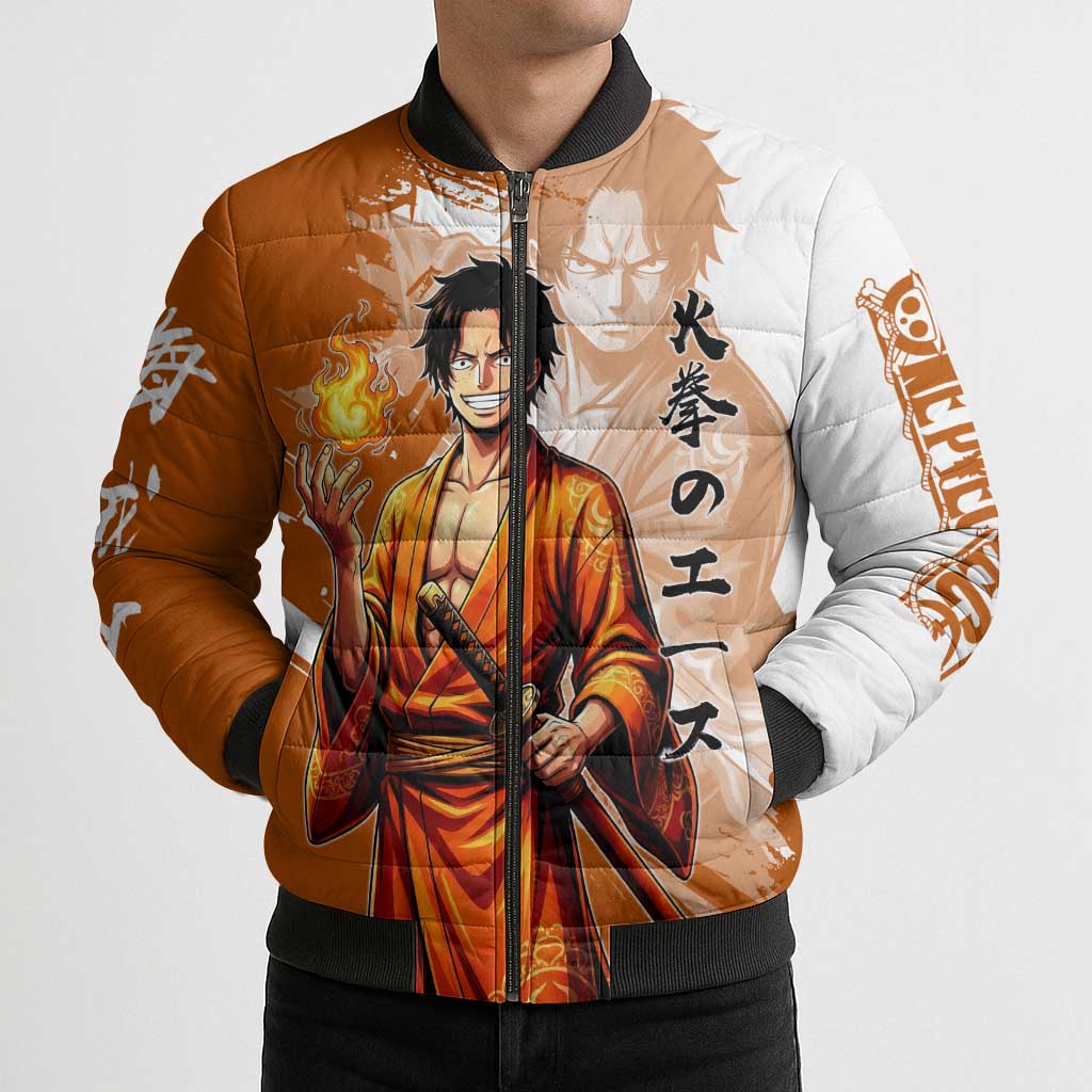 Wano Samurai Portgas D. Ace Bomber Puffer Jacket Fiery One Piece Brush Art