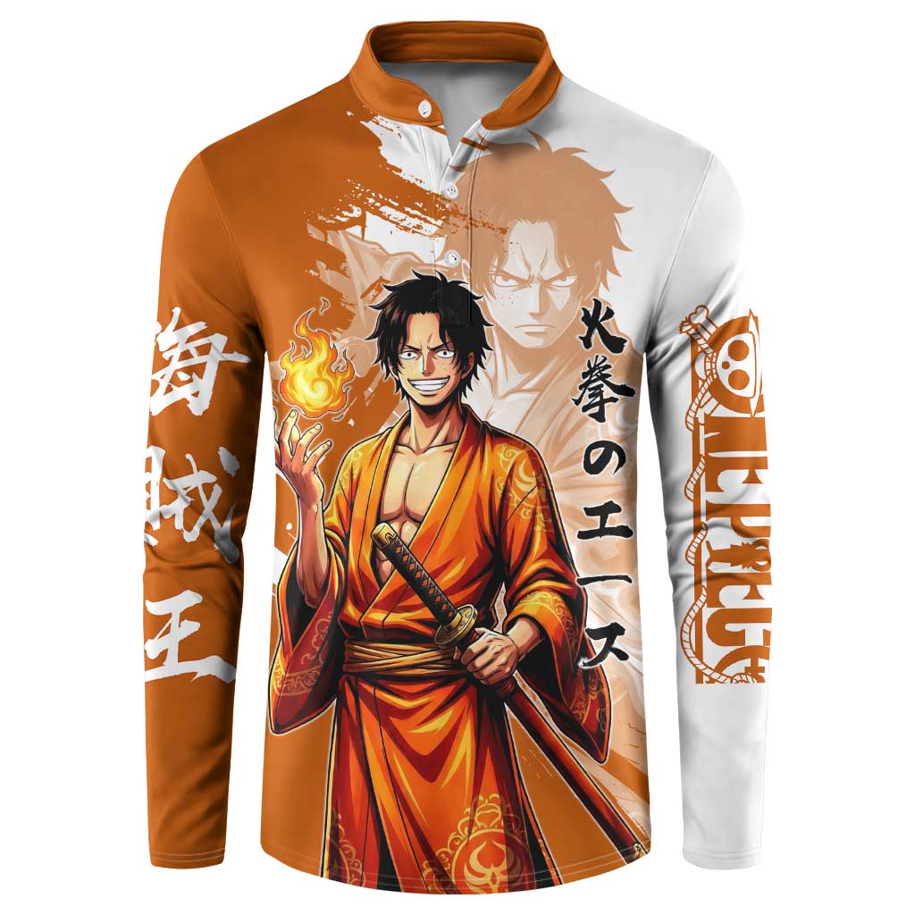 Wano Samurai Portgas D. Ace Button Sweatshirt Fiery One Piece Brush Art