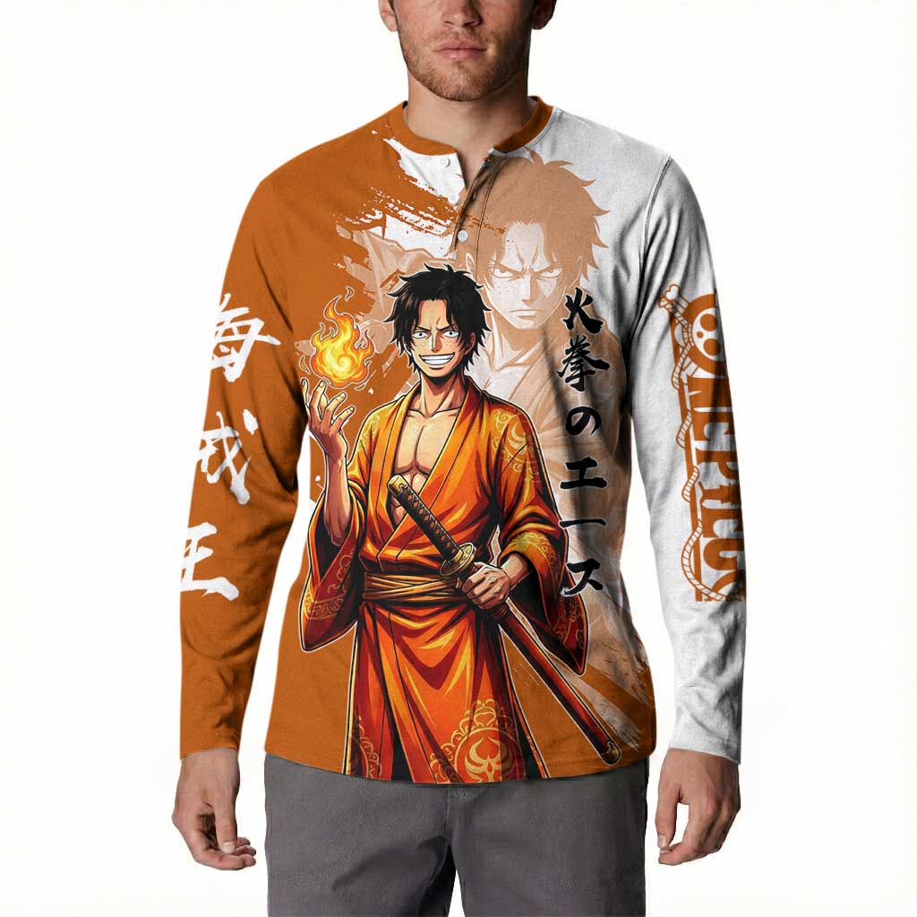Wano Samurai Portgas D. Ace Button Sweatshirt Fiery One Piece Brush Art
