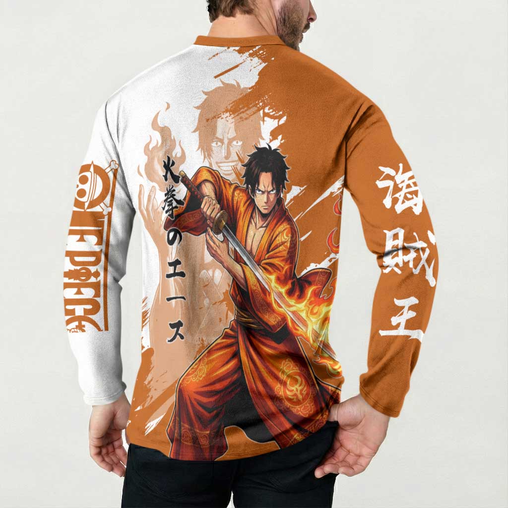 Wano Samurai Portgas D. Ace Button Sweatshirt Fiery One Piece Brush Art
