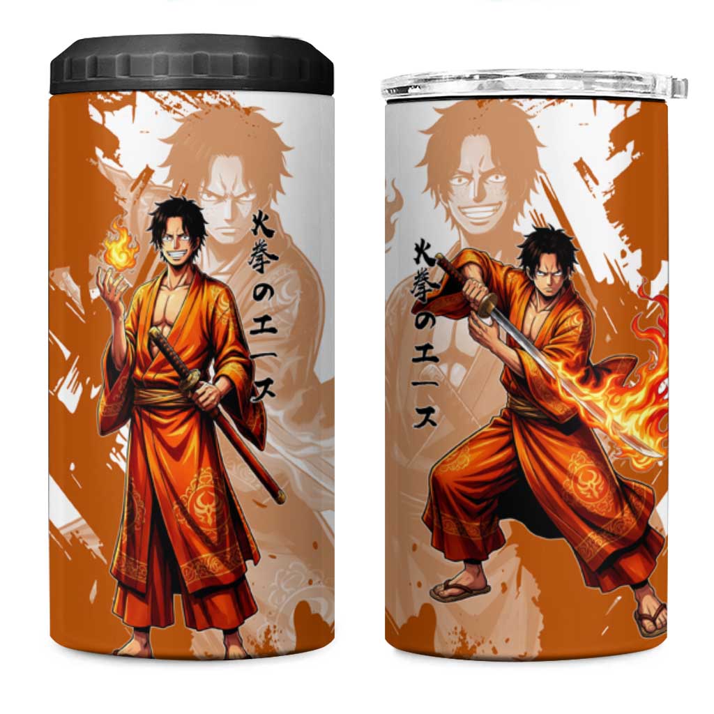 Wano Samurai Portgas D. Ace 4 in 1 Can Cooler Tumbler Fiery One Piece Brush Art