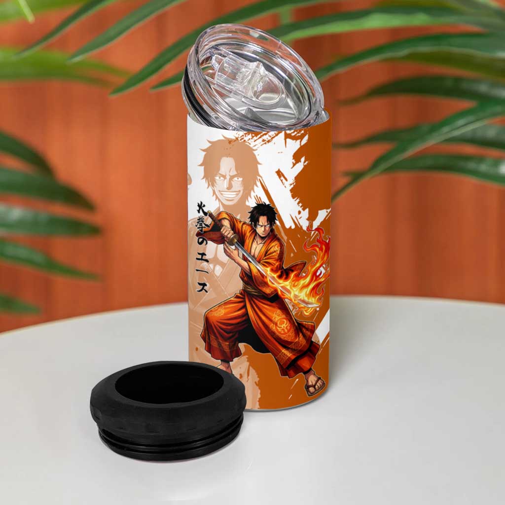 Wano Samurai Portgas D. Ace 4 in 1 Can Cooler Tumbler Fiery One Piece Brush Art