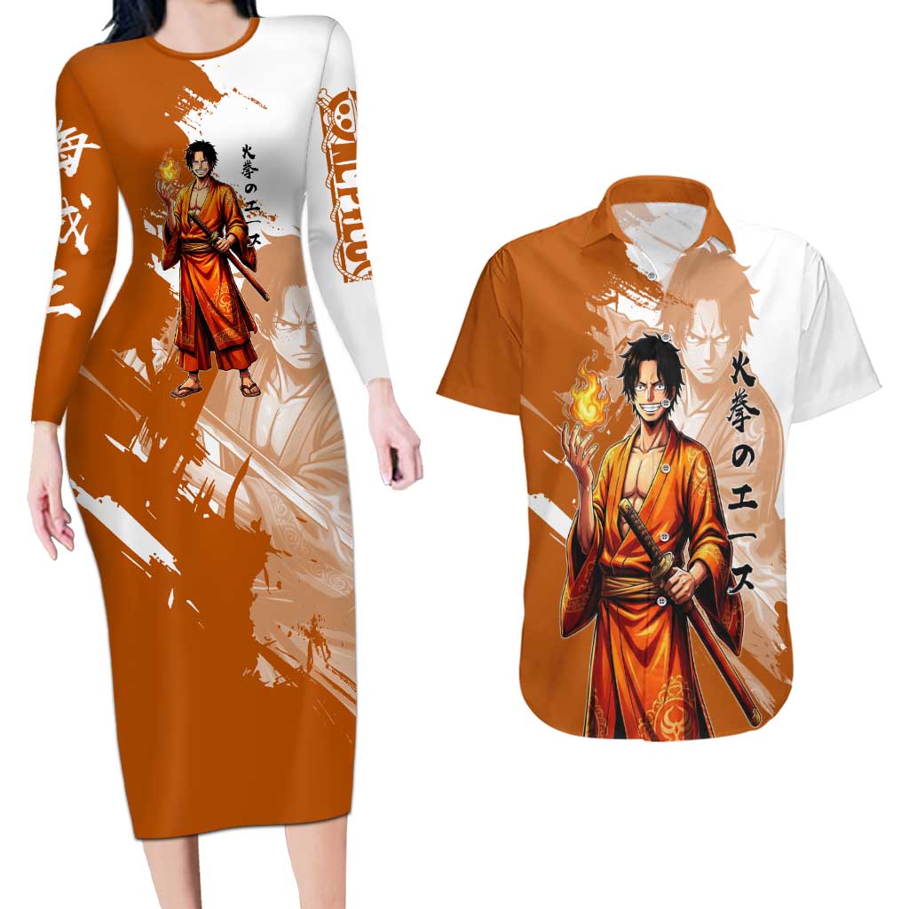 Wano Samurai Portgas D. Ace Couples Matching Long Sleeve Bodycon Dress and Hawaiian Shirt Fiery One Piece Brush Art