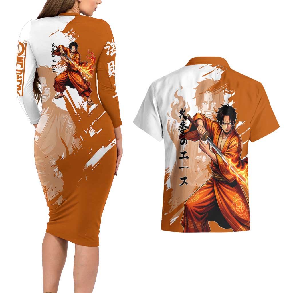Wano Samurai Portgas D. Ace Couples Matching Long Sleeve Bodycon Dress and Hawaiian Shirt Fiery One Piece Brush Art