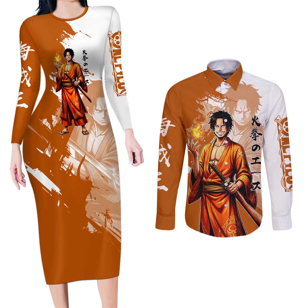 Wano Samurai Portgas D. Ace Couples Matching Long Sleeve Bodycon Dress and Long Sleeve Button Shirt Fiery One Piece Brush Art